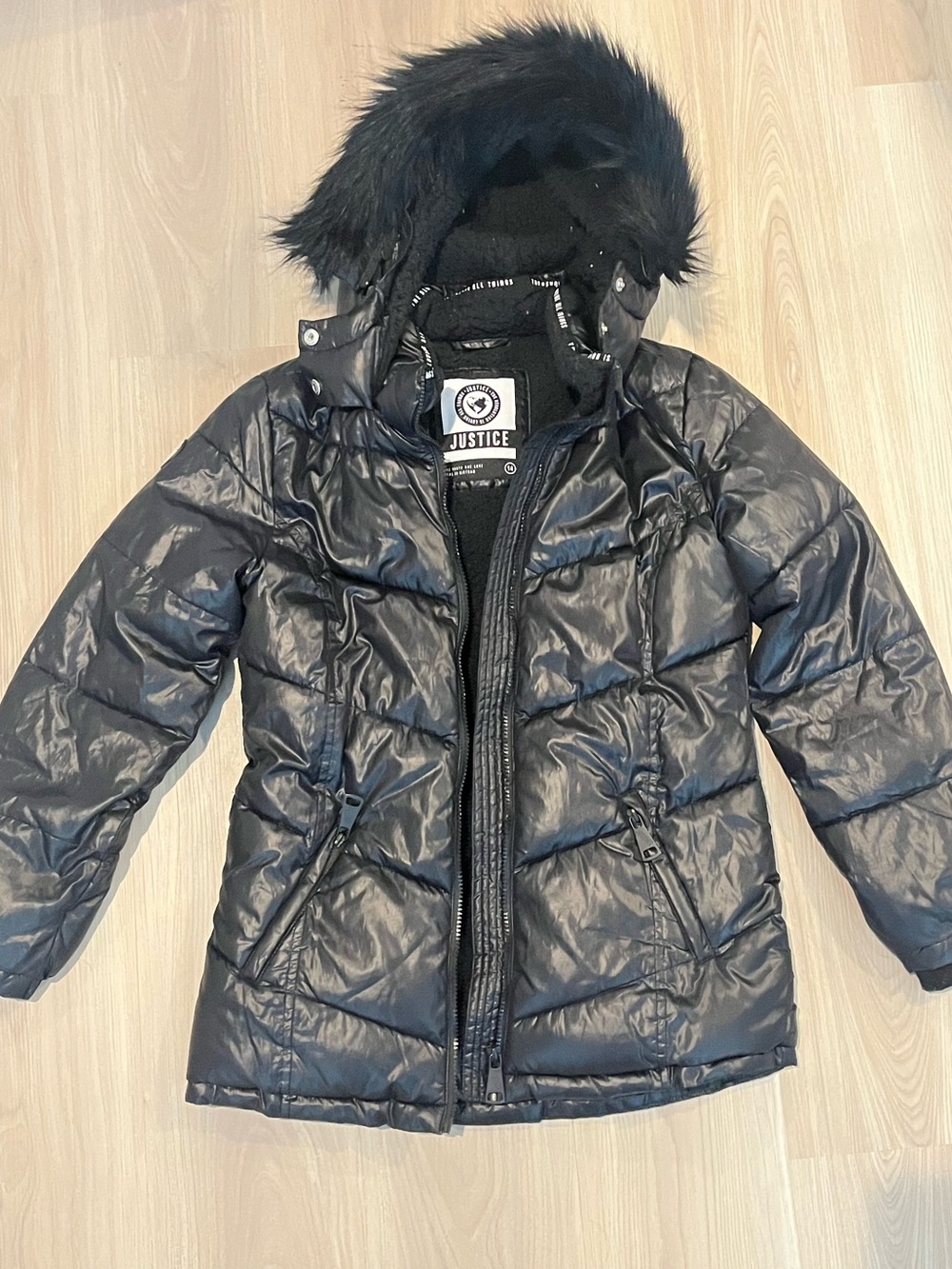 Justice Black Quilted Puffer Coat with Faux Fur Hood